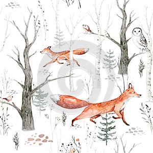 Watercolor Woodland animals seamless pattern. Fabric wallpaper background with Owl, hedgehog, fox and butterfly, Bunny