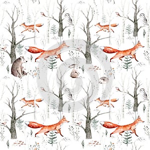 Watercolor Woodland animals seamless pattern. Fabric wallpaper background with Owl, hedgehog, fox and butterfly, Bunny