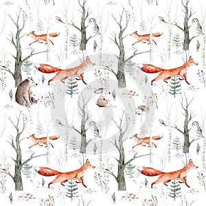 Watercolor Woodland animals seamless pattern. Fabric wallpaper background with Owl, hedgehog, fox and butterfly, Bunny photo