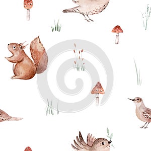 Watercolor Woodland animals seamless pattern. Fabric wallpaper forest with baby deer. Owl, fox and butterfly, Bunny rabbit set of