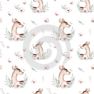 Watercolor Woodland animals seamless pattern. Fabric wallpaper forest with baby deer trees. bird baby animal Nursery backgrouns