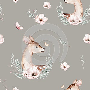 Watercolor Woodland animals seamless pattern. Fabric wallpaper forest with baby deer trees. bird baby animal Nursery backgrouns