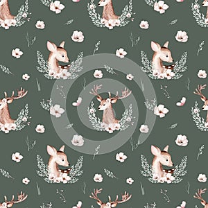 Watercolor Woodland animals seamless pattern. Fabric wallpaper forest with baby deer trees. bird baby animal Nursery backgrouns