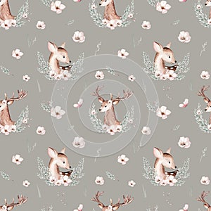 Watercolor Woodland animals seamless pattern. Fabric wallpaper forest with baby deer trees. bird baby animal Nursery backgrouns