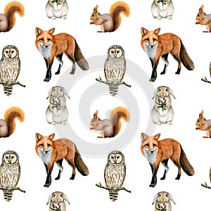 Watercolor woodland animals seamless pattern with forest red fox, hare rabbit, owl and squirrel on white background