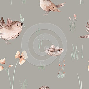 Watercolor Woodland birds seamless pattern. Fabric wallpaper forest with baby bird and nets, Floral flower forest, Nursery