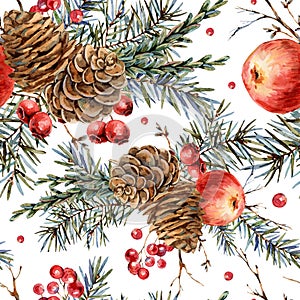 Watercolor woodland natural seamless pattern of fir branches, red apple, berries, pine cones, vintage botanical wallpaper on white