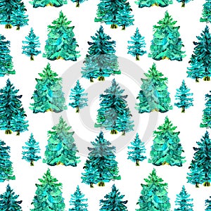 Watercolor woodland  pinetree forest seamless pattern isolated on white