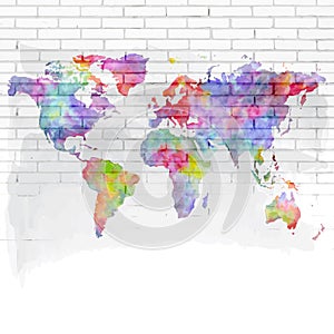 Watercolor world map on a brick wall
