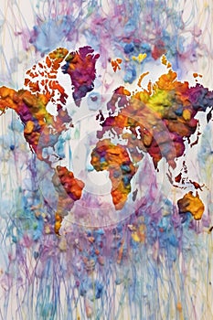 watercolor world map with splashes of paint