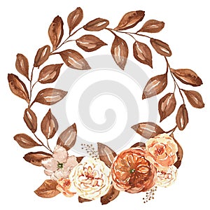 Watercolor wreath with autumn flowers and leaves