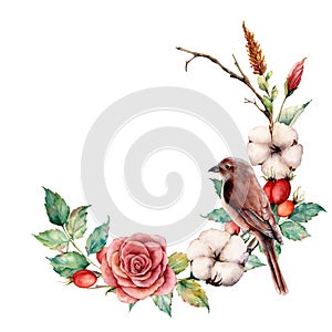 Watercolor wreath with bird and cotton. Hand painted tree border with rose, dogrose berries and leaves isolated on white