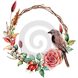 Watercolor wreath with bird and flowers. Hand painted tree border with cotton, dahlia, dogrose berries and leaves