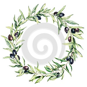 Watercolor wreath with black olive berries and leaves. Hand painted floral border with olive fruit and tree branches