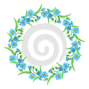 Watercolor wreath of blue forget-me-nots.Garland of Spring flowers,green leaves.