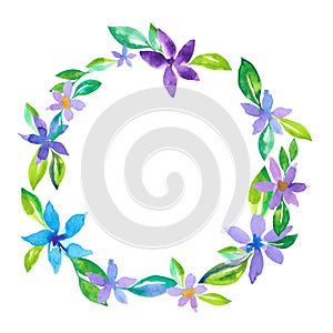 Watercolor wreath with blue and purple loose flowers and green leaves. Hand painted round floral frame.