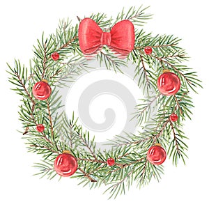 Watercolor wreath with Christmas tree branches on a white background. With Christmas tree toys and a bow. Red Christmas ball.