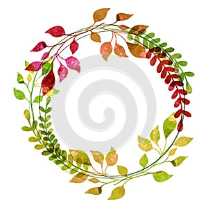 Watercolor wreath from colorful autumn leaves. Vector illustration. Thanksgiving greeting card template