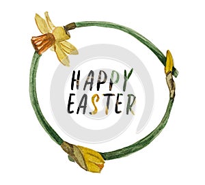 Watercolor wreath of daffodils on the theme of spring and Easter.