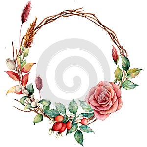 Watercolor wreath with dogrose and flower. Hand painted tree border with dahlia, tree branch and leaves, lagurus