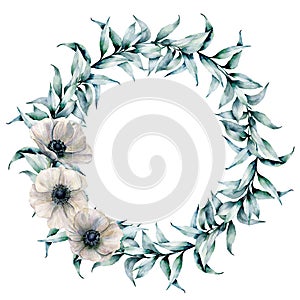 Watercolor wreath with eucalyptus leaves and anemone. Hand painted floral wreath with branches and white flowers