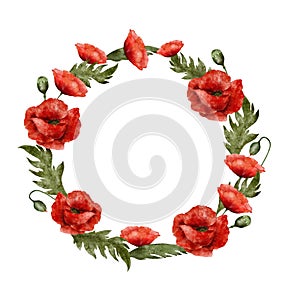 Watercolor wreath of field flowers of poppies on a white background. Beautiful frame for the design of wedding