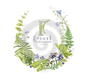Watercolor wreath with forest plants and butterfly