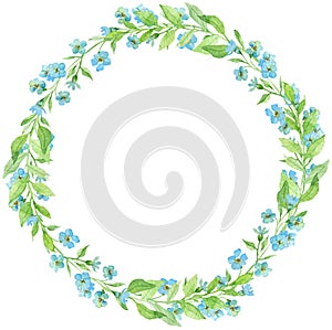 Watercolor wreath with forget-me-not flowers. Spring little blue flowers. Circle frame. Easter template