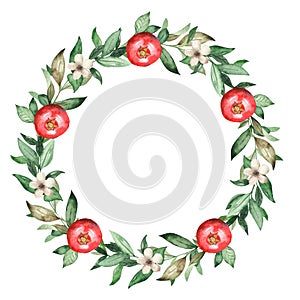 Watercolor wreath with garnets, pomegranate flowers, leaves