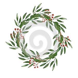Watercolor wreath with green leaves and twigs, red twigs. Floral wreath on the white background.
