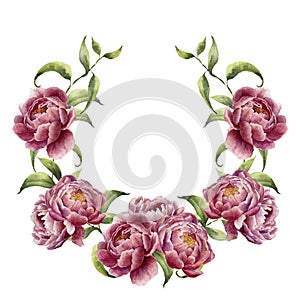 Watercolor wreath with greenery branch and peony. Hand painted floral frame with flowers and leaves isolated on white