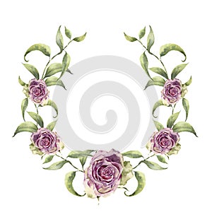 Watercolor wreath with greenery branch and roses. Hand painted floral frame with flowers and leaves isolated on white