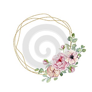 Watercolor wreath with hand painted eucalyptus and flowers arragement. Green branches and leaves floral illustration. Rustic garde