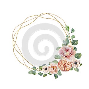Watercolor wreath with hand painted eucalyptus and flowers bouquet. Green branches and leaves floral illustration.