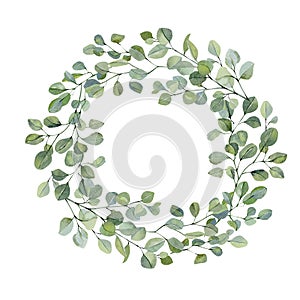 Watercolor wreath with hand painted silver dollar eucalyptus. Green branches and leaves floral illustration for wedding inspiratio