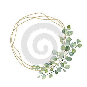 Watercolor wreath with hand painted silver dollar eucalyptus. Green branches and leaves illustration. Rustic garden plants wedding