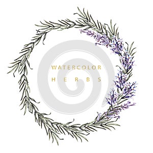 Watercolor wreath with herbs lavender and rosemary