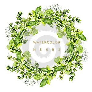 Watercolor wreath with herbs and microgreen.