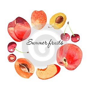 Watercolor wreath illustration of isolated juicy summer fruits.