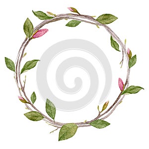 Watercolor wreath with leaves,buds and branches isolated on whi