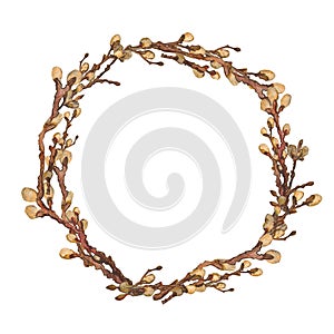 Watercolor wreath made of dry twigs and blooming osier branches isolated on white background. Wooden sticks garland