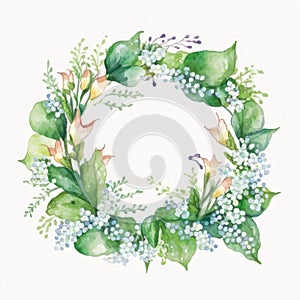 Watercolor wreath made with lily of the walley and leaves on whitebackground.