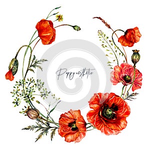 Watercolor Wreath made of Red Poppy Flowers in Vintage Style
