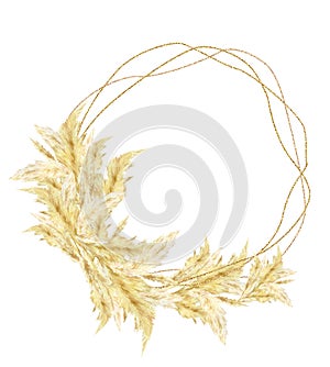Watercolor wreath pampas graas wreath for design boho and modern style . Golden frame south America, feathery flower head plumes f