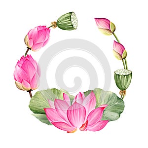 watercolor wreath with pink lotus flower, buds and leaves, hand drawn illustration of spa and yoga theme, sketch of