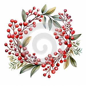 Watercolor Wreath With Red Berries - Georg Jensen Style
