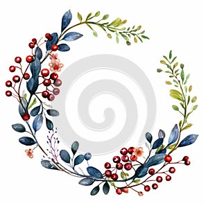 Watercolor Wreath Of Redberries And Leaves Clipart