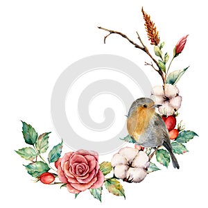 Watercolor wreath with robin and cotton. Hand painted tree border with rose, dogrose berries and leaves isolated on