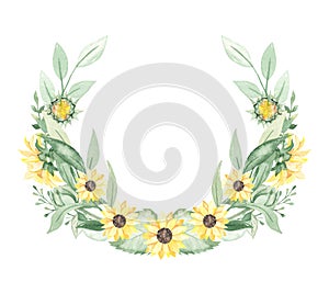 Watercolor wreath with sunflowers, leaves, foliage, greenery, branches, buds, berries