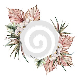 Watercolor wreath with white orchids and dry palm leaves. Hand painted tropical card with flowers and branches isolated